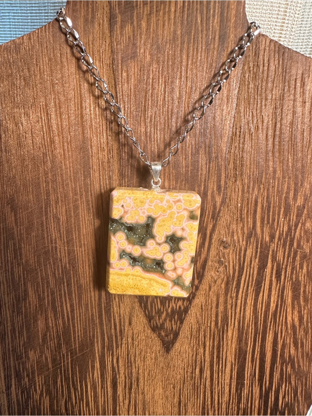 Yellow and Black Druzy Ocean Jasper Pendant Necklace on Stainless Steel Chain - Picture 3 of 16